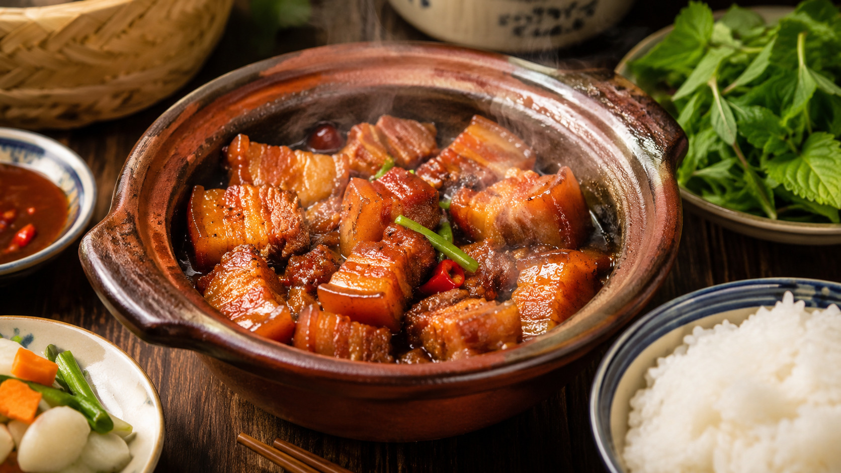 Thịt ba chỉ kho tộ màu cánh gián óng đẹp chuẩn vị Việt Nam với bí quyết kho thịt ba chỉ ngon không cần nước màu mua sẵn